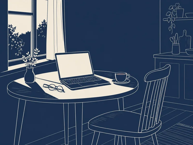 A line drawing of a kitchen table with a laptop, a pair of reading glasses and a cup of tea beside a window.